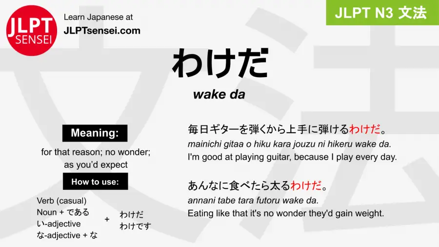 wake da わけだ jlpt n3 grammar meaning 文法 例文 japanese flashcards