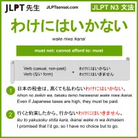 wake niwa ikanai わけにはいかない jlpt n3 grammar meaning 文法 例文 learn japanese flashcards