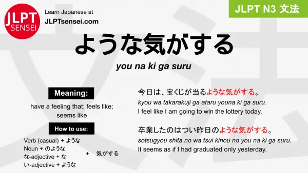 you na ki ga suru ような気がする ようなきがする jlpt n3 grammar meaning 文法 例文 japanese flashcards
