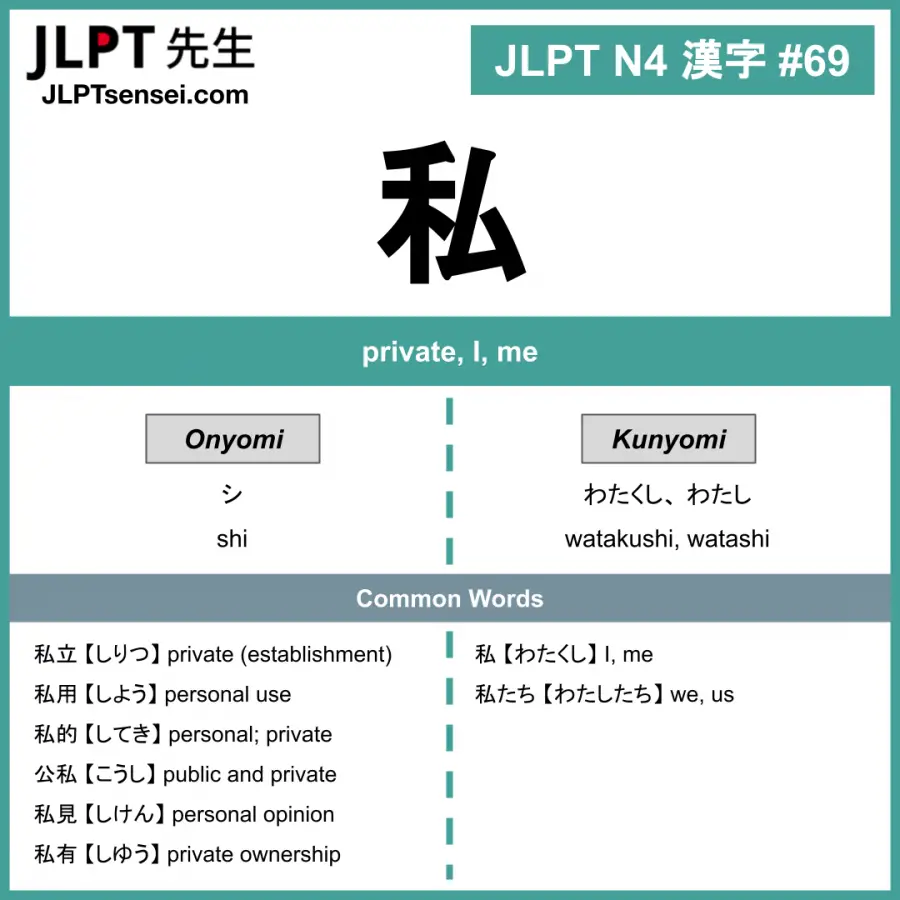 Jlpt N4 Kanji 私 Shi Watashi Meaning Private Jlptsensei Com