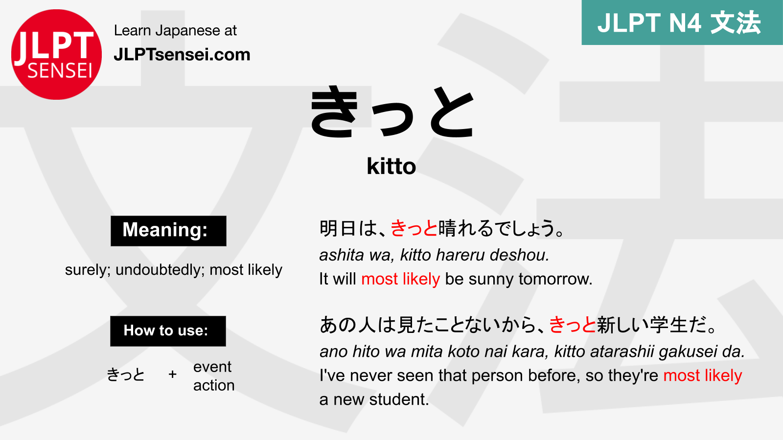 Jlpt N4 Grammar きっと Kitto Meaning Jlptsensei Com