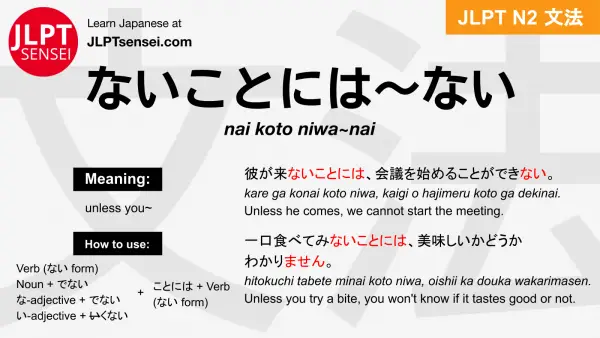 nai koto niwa~nai ないことには～ない jlpt n2 grammar meaning 文法 例文 japanese flashcards
