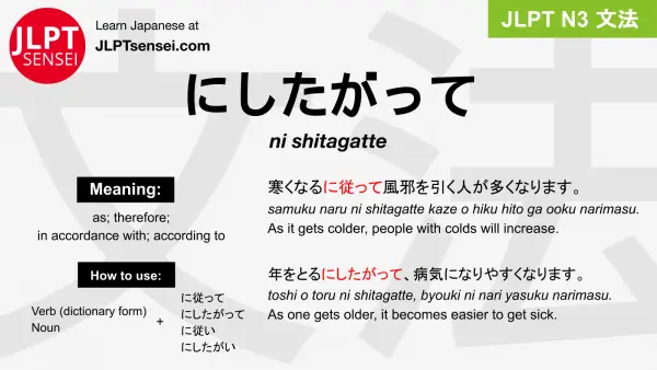 ni shitagatte にしたがって jlpt n3 grammar meaning 文法 例文 japanese flashcards