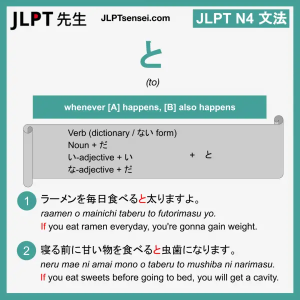 JLPT N4 Grammar: と (to) Meaning: Whenever [A] Happens, [B ...