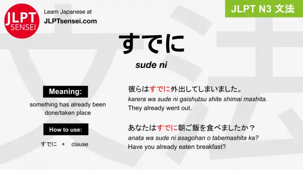 sude ni すでに jlpt n3 grammar meaning 文法 例文 japanese flashcards