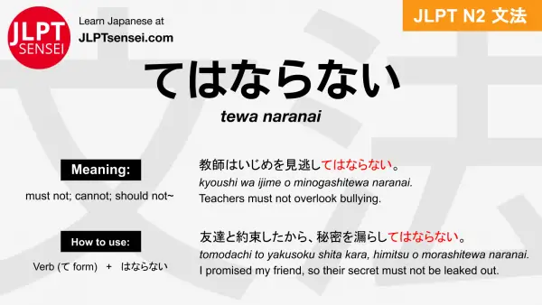 Jlpt N2 Grammar てはならない Tewa Naranai Meaning Jlptsensei Com