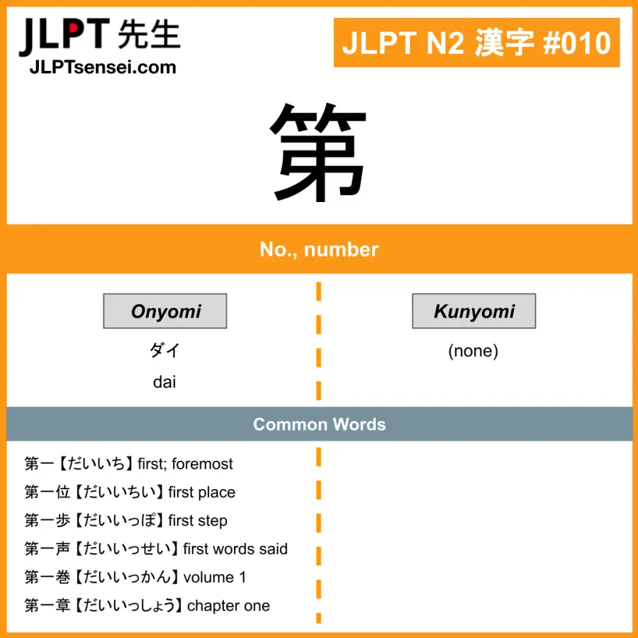 JLPT N2 Kanji: 第 (dai) Meaning: No., number – JLPTsensei.com
