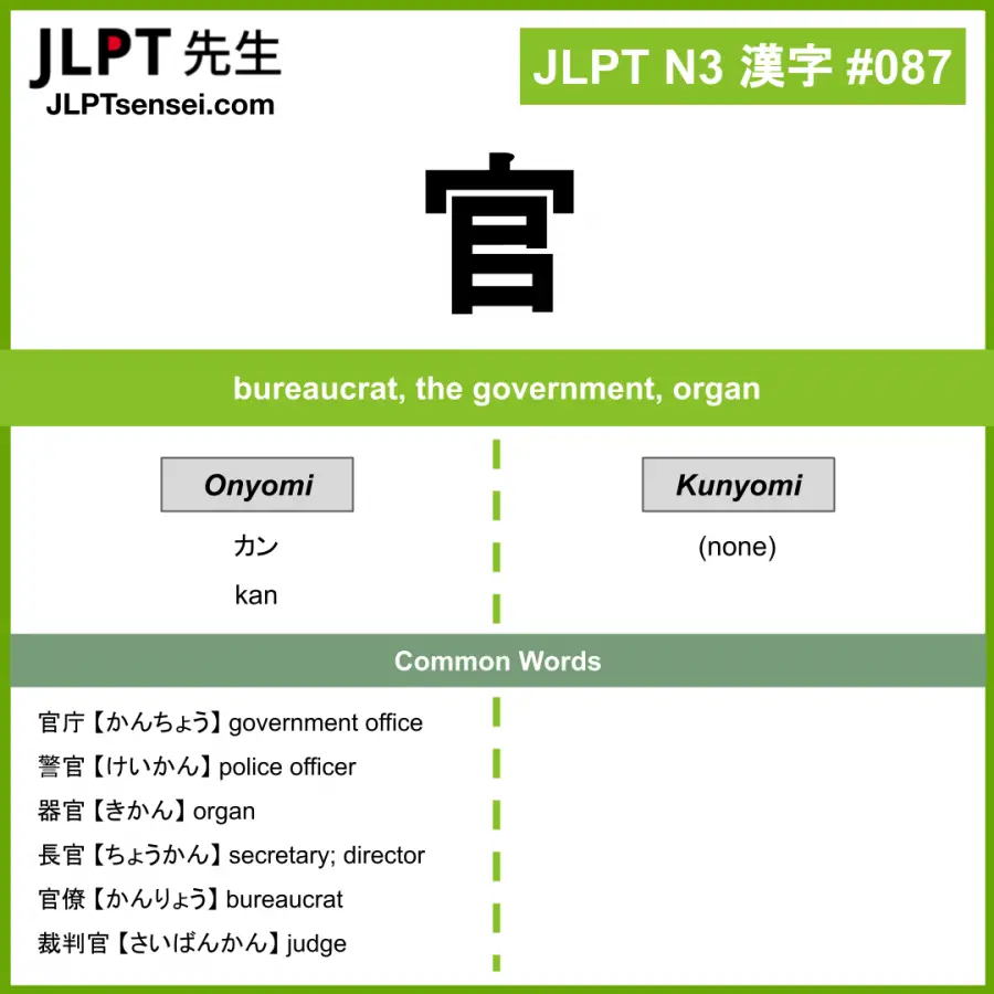 JLPT N3 Kanji: 官 (kan) Meaning: bureaucrat, the government, organ ...