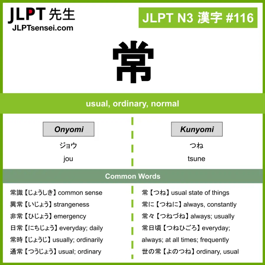 JLPT N3 Kanji: 常 (jou, tsune) Meaning: usual, ordinary, normal ...