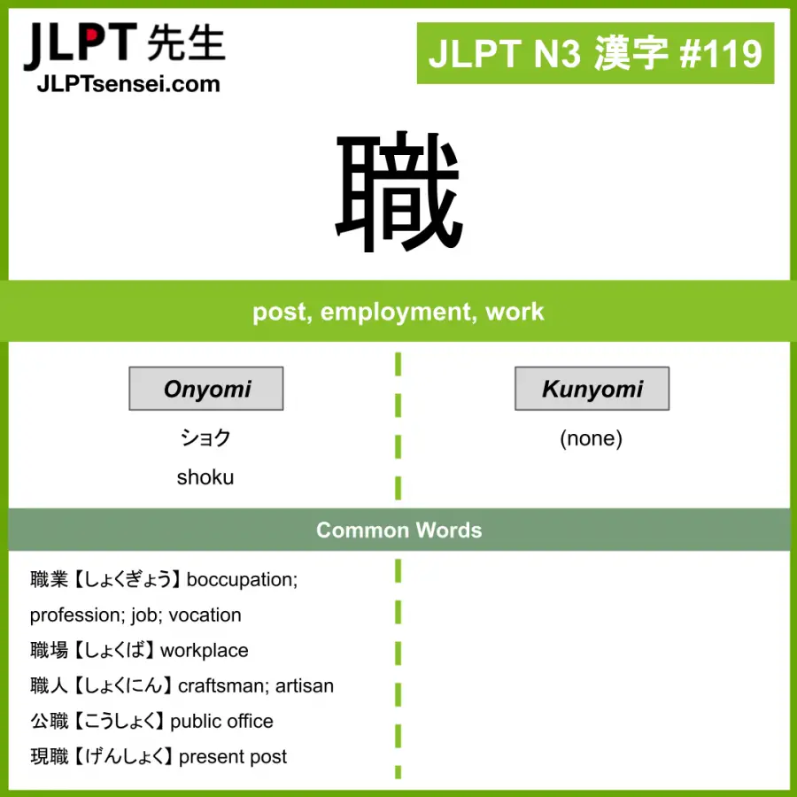 JLPT N3 Kanji: 職 (shoku) Meaning: post, employment, work – JLPTsensei.com