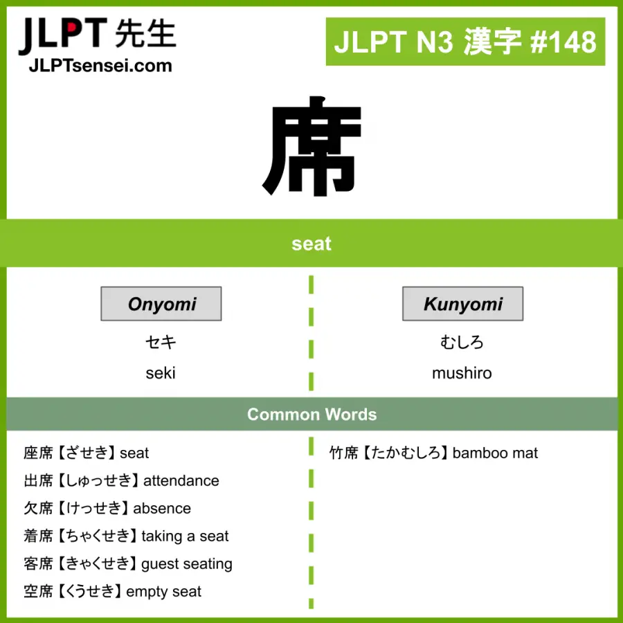 Jlpt N3 Kanji 席 Seki Mushiro Meaning Seat Jlptsensei Com