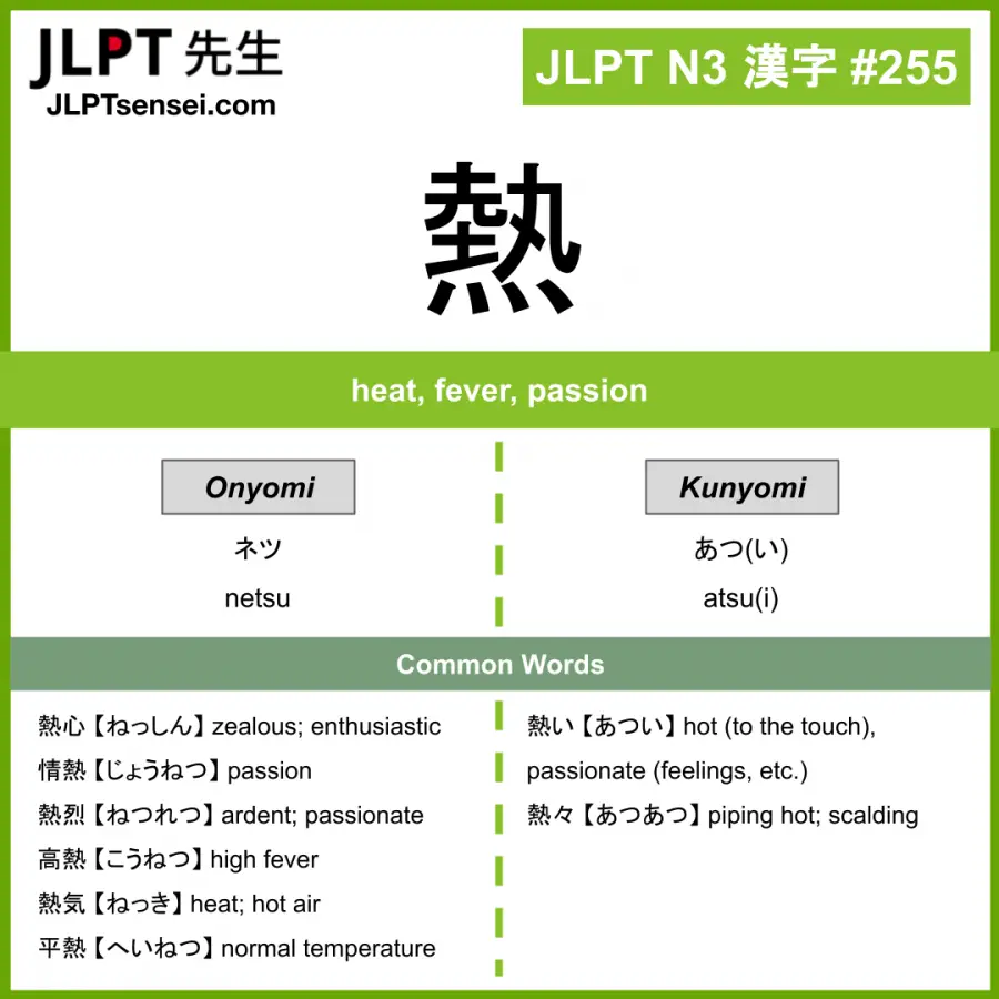 JLPT N3 Kanji: 熱 (netsu, atsui) Meaning: heat, fever, passion ...