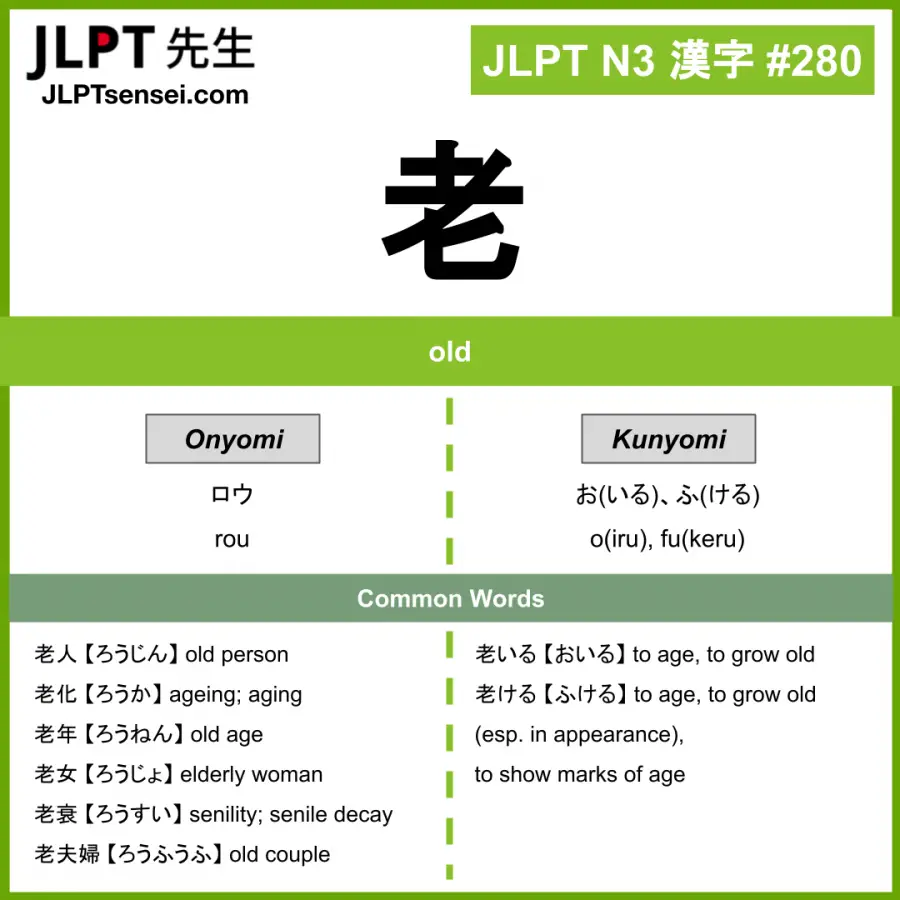 JLPT N3 Kanji: 老 (rou, oiru, fukeru) Meaning: old – JLPTsensei.com