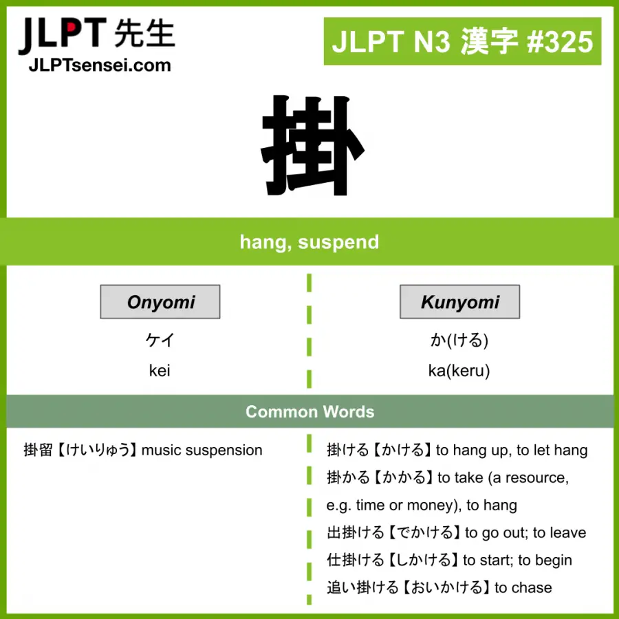 JLPT N3 Kanji: 掛 (kei, kakaru) Meaning: hang, suspend – JLPTsensei.com