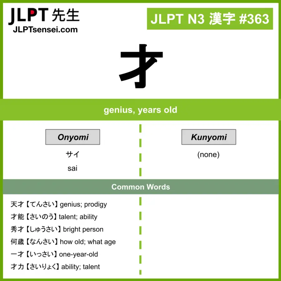 JLPT N3 Kanji: 才 (sai) Meaning: genius, years old – JLPTsensei.com