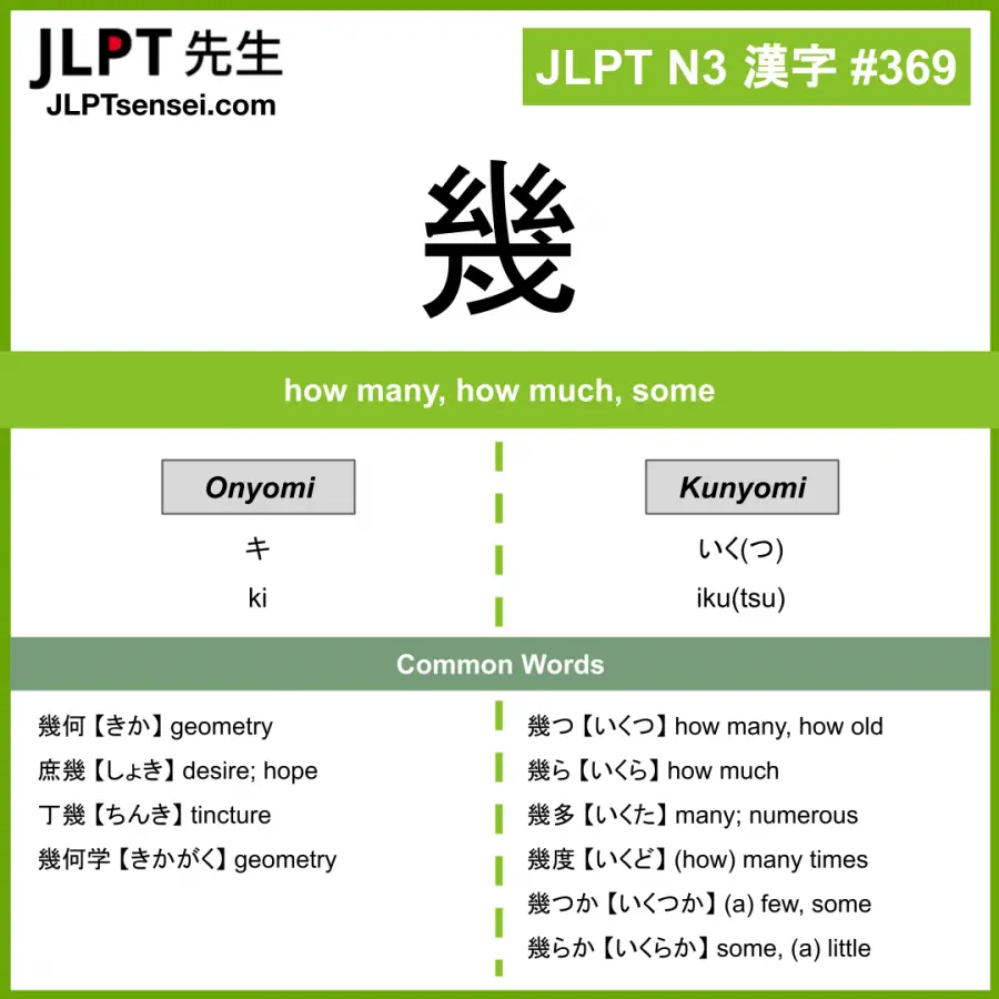 JLPT N3 Kanji: 幾 (ki, ikutsu) Meaning: how many, how much, some ...