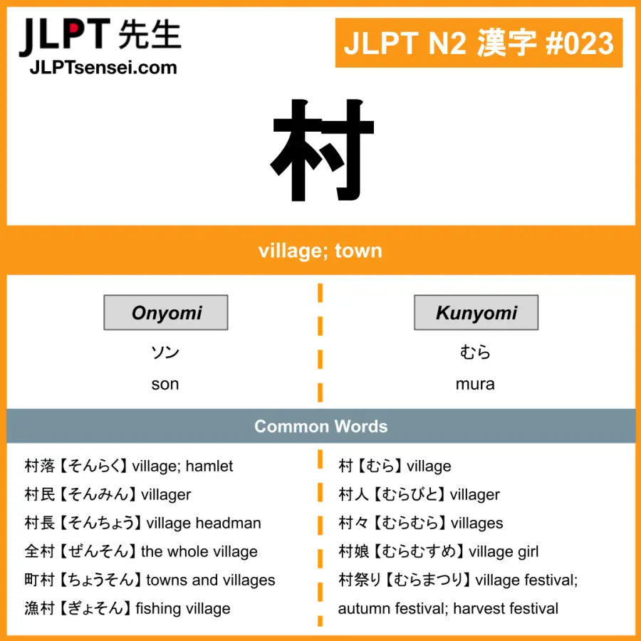JLPT N2 Kanji: 村 (son, mura) Meaning: village; town – JLPTsensei.com