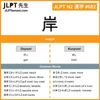 082 岸 kanji meaning JLPT N2 Kanji Flashcard