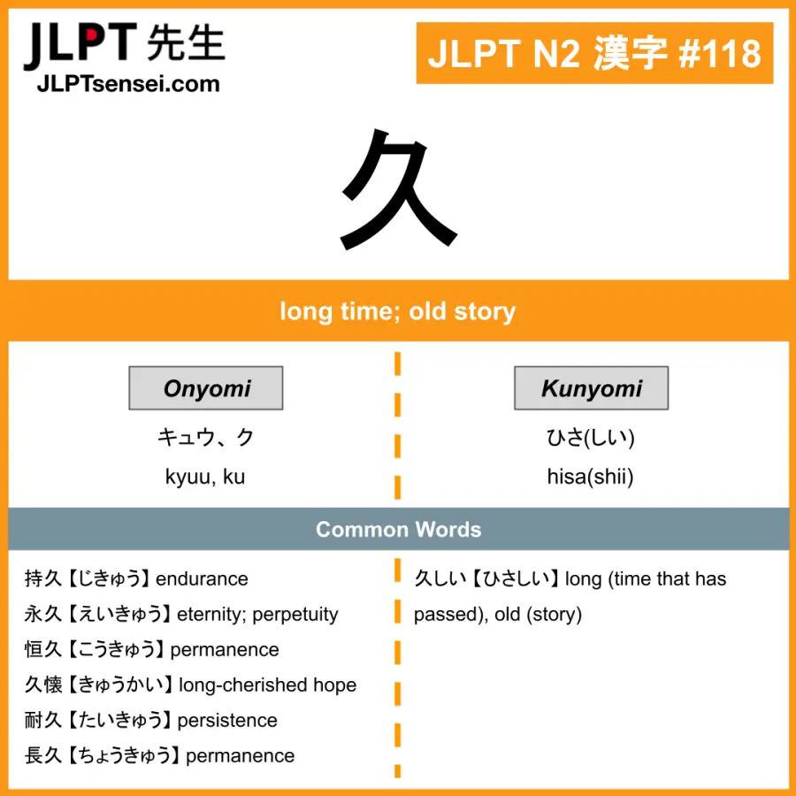 JLPT N2 Kanji: 久 (kyuu, ku, hisashii) Meaning: long time; old story ...