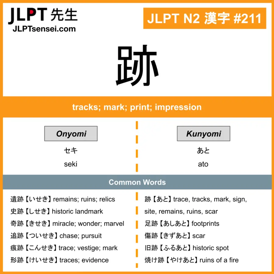 JLPT N2 Kanji: 跡 (seki, ato) Meaning: tracks; mark; print; impression ...
