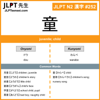 252 童 kanji meaning JLPT N2 Kanji Flashcard