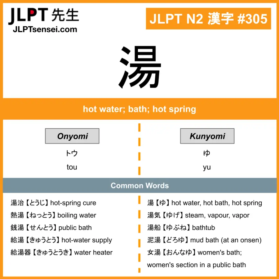 JLPT N2 Kanji: 湯 (tou, yu) Meaning: hot water; bath; hot spring ...