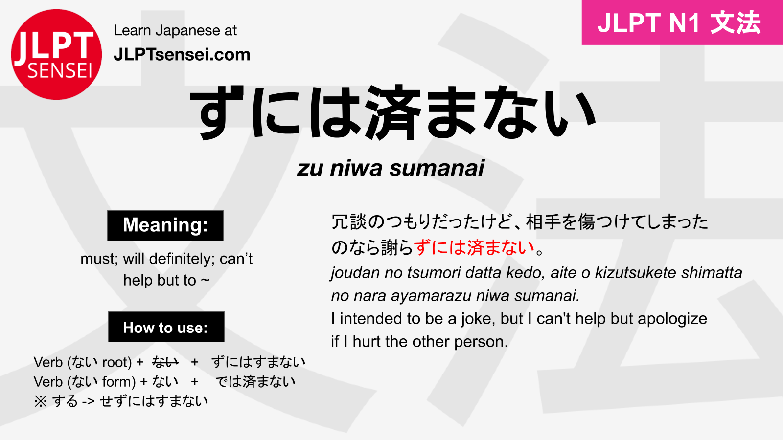 JLPT N1 Grammar: ずには済まない / ないでは済まない (zu niwa