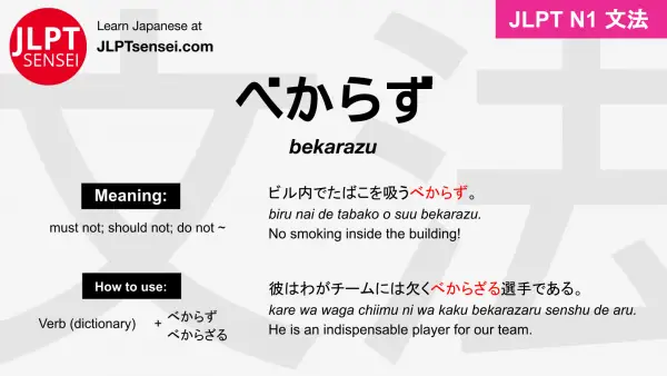 bekarazu べからず jlpt n1 grammar meaning 文法 例文 japanese flashcards