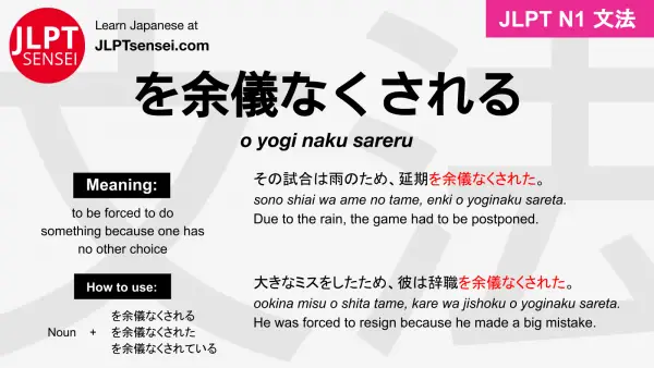 o yogi naku sareta を余儀なくされた をよぎなくされた jlpt n1 grammar meaning 文法 例文 japanese flashcards