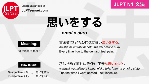omoi o suru 思いをする おもいをする jlpt n1 grammar meaning 文法 例文 japanese flashcards