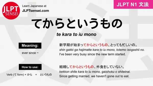 te kara to iu mono てからというもの jlpt n1 grammar meaning 文法 例文 japanese flashcards