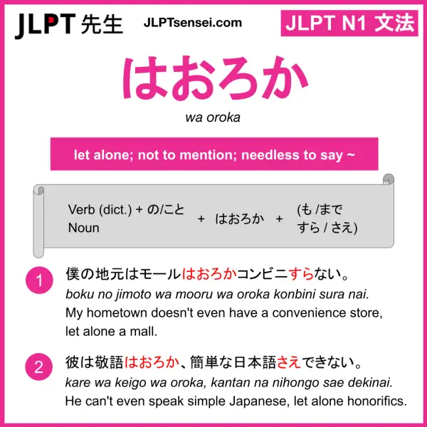 Jlpt N1 Grammar はおろか Wa Oroka Meaning Jlptsensei Com