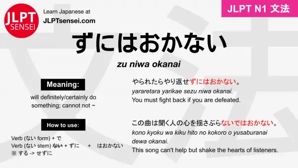 zu niwa okanai ずにはおかない jlpt n1 grammar meaning 文法 例文 japanese flashcards