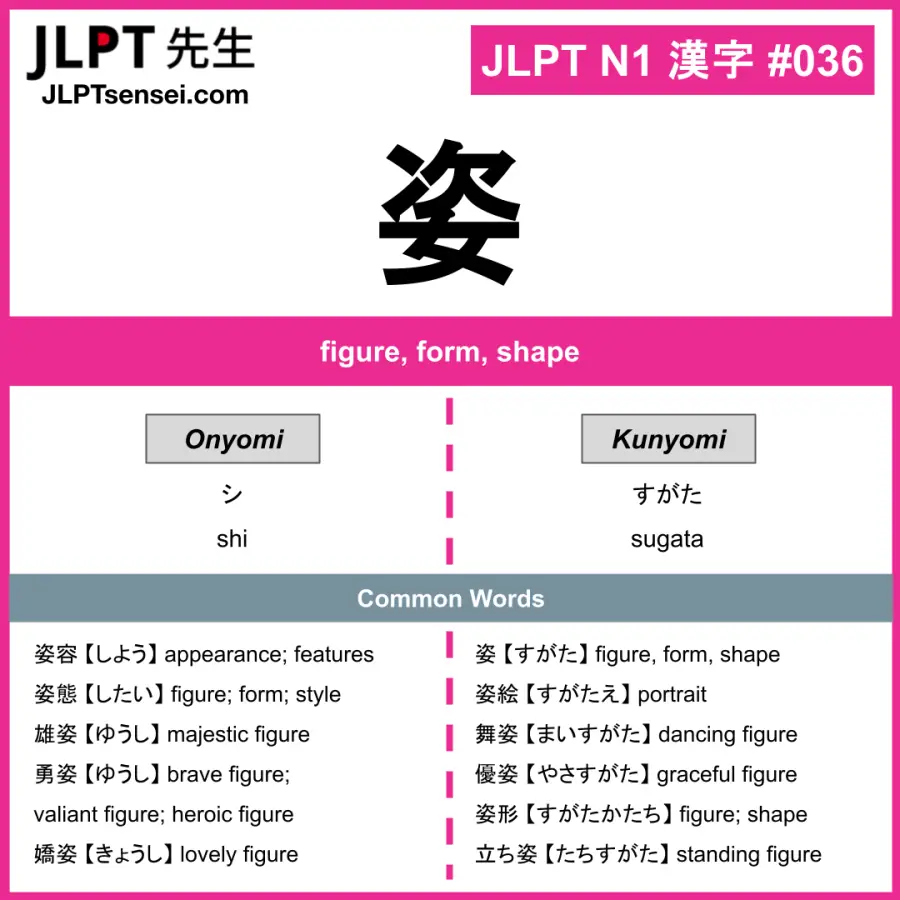 JLPT N1 Kanji: 姿 (shi, sugata) Meaning: figure, form, shape ...