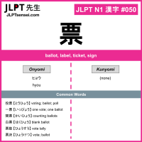JLPT N1 Kanji: 票 (hyou, ) Meaning: ballot, label, ticket, sign ...