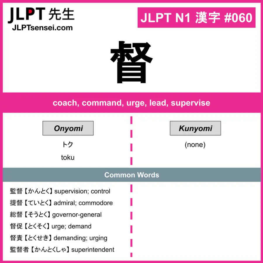 JLPT N1 Kanji: 督 (toku, ) Meaning: coach, command, urge, lead ...