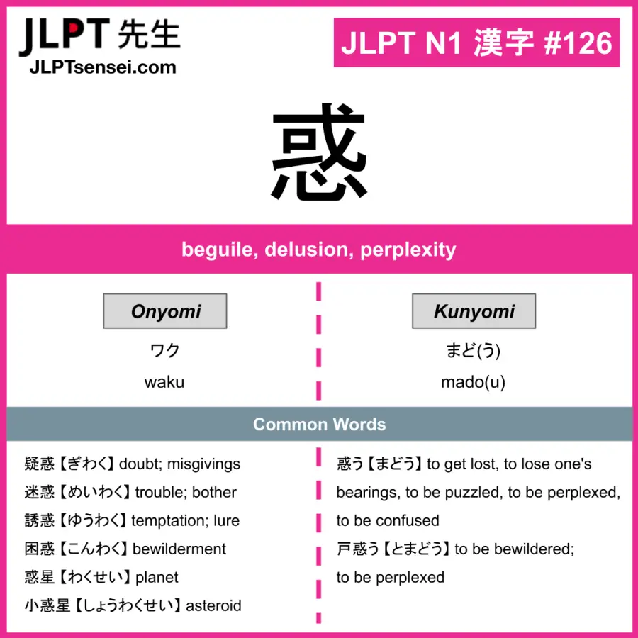 JLPT N1 Kanji: 惑 (waku, mado(u)) Meaning: beguile, delusion, perplexity ...