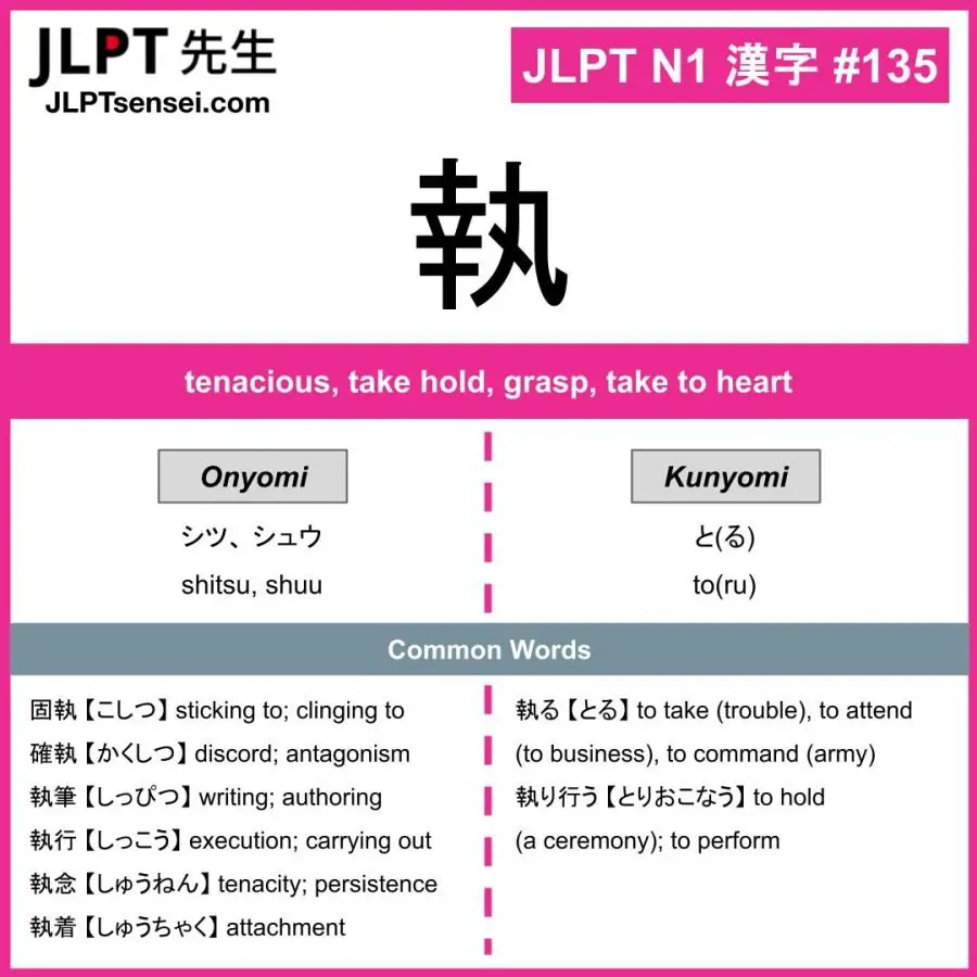 JLPT N1 Kanji: 執 (shitsu, shuu, to(ru)) Meaning: tenacious, take hold ...