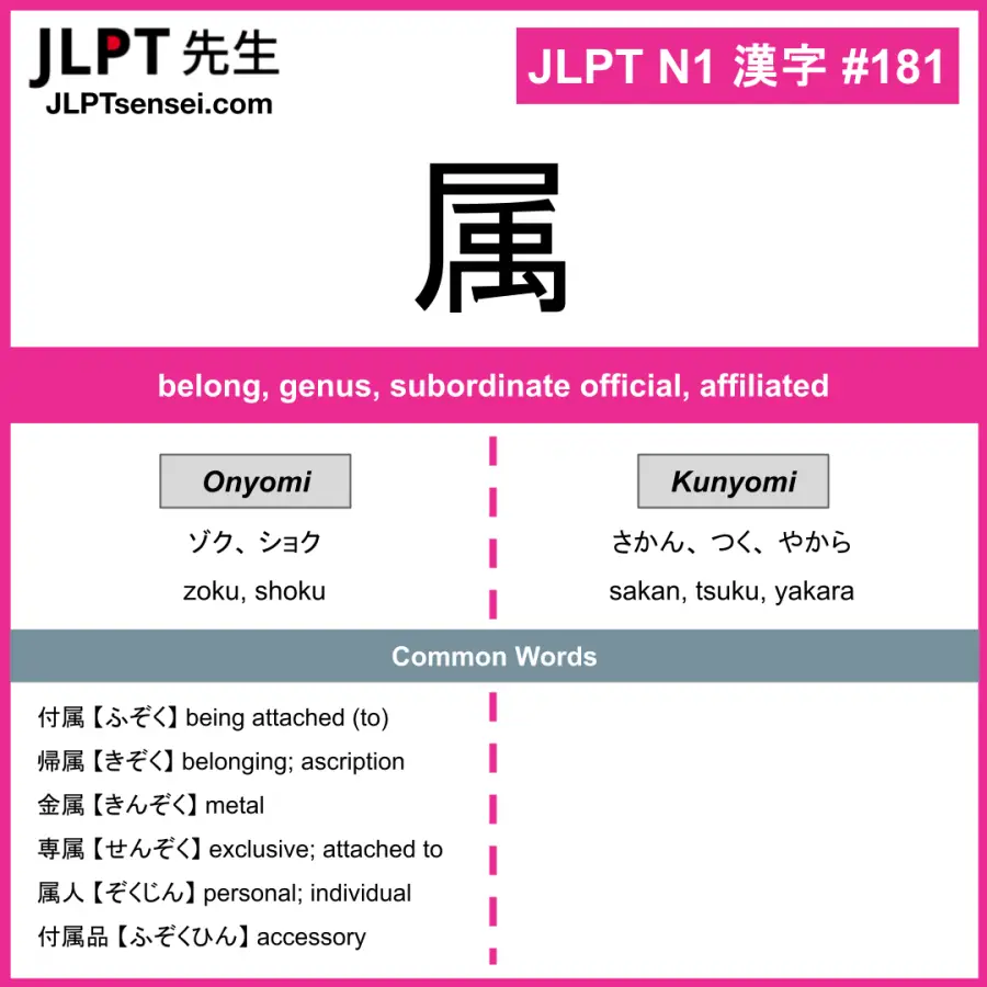 JLPT N1 Kanji: 属 (zoku, shoku, sakan, tsuku, yakara) Meaning: belong ...