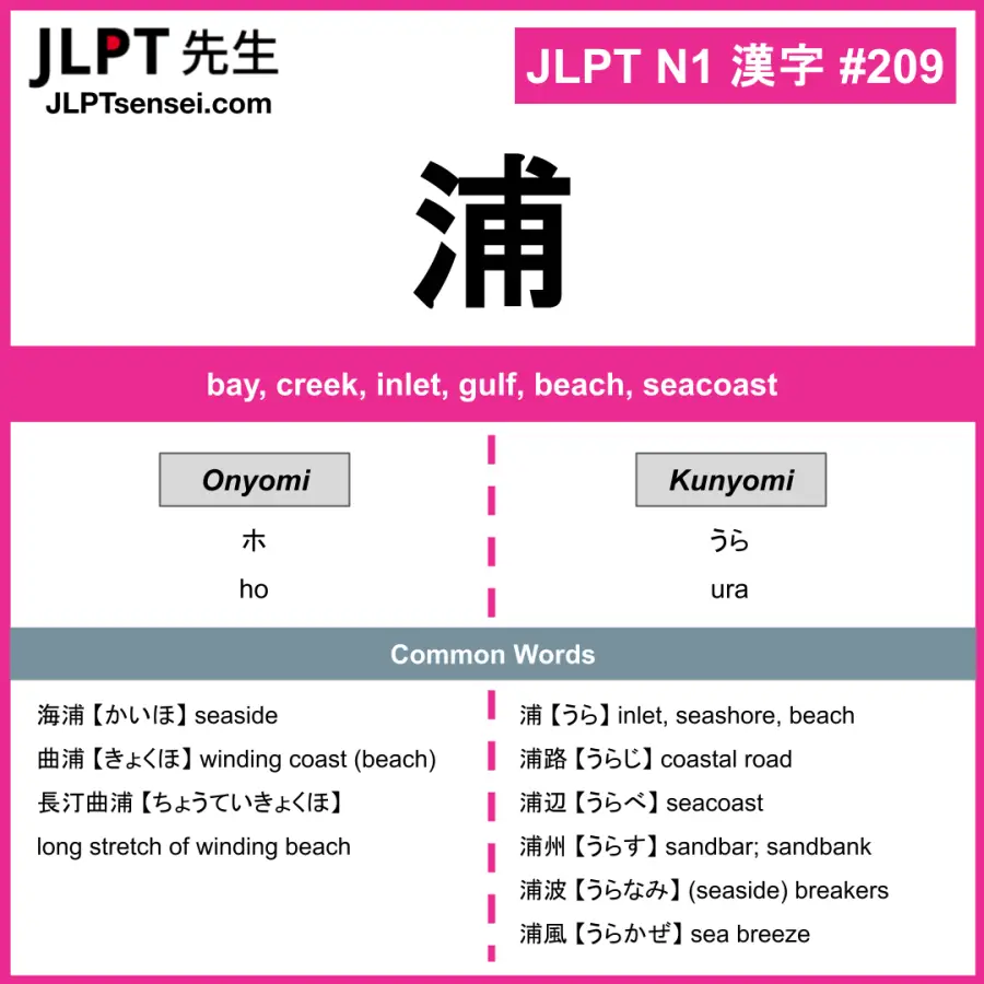 JLPT N1 Kanji: 浦 (ho, ura) Meaning: bay, creek, inlet, gulf, beach ...