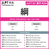 JLPT N1 Kanji: 綱 (kou, tsuna) Meaning: hawser, class (genus), rope ...