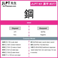 377 鋼 kanji meaning JLPT N1 Kanji Flashcard