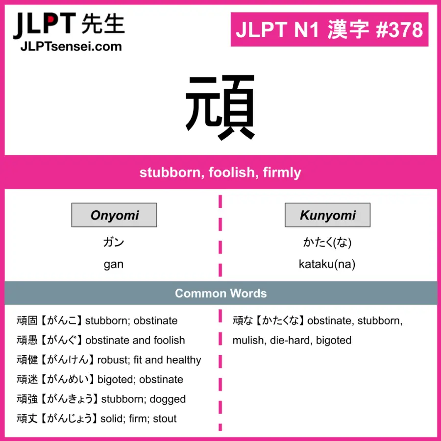 JLPT N1 Kanji: 頑 (gan, kataku(na)) Meaning: stubborn, foolish, firmly ...