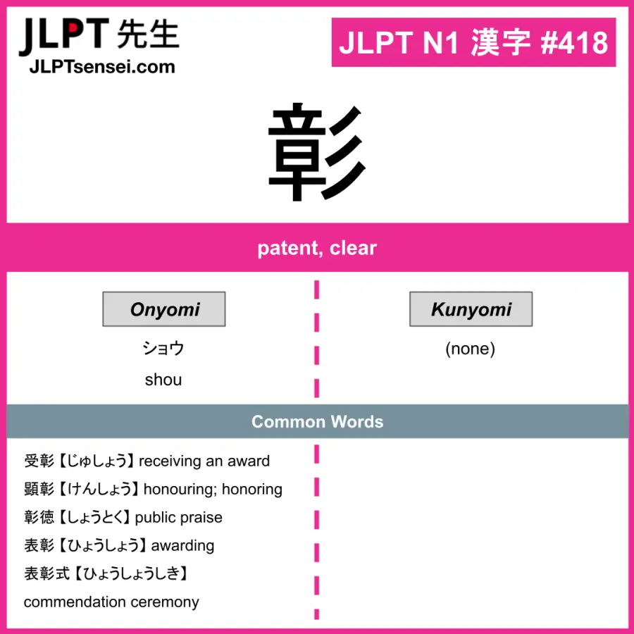 JLPT N1 Kanji: 彰 (shou, ) Meaning: patent, clear – JLPTsensei.com