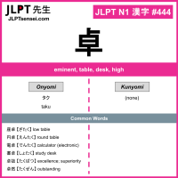 444 卓 kanji meaning JLPT N1 Kanji Flashcard