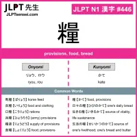 446 糧 kanji meaning JLPT N1 Kanji Flashcard