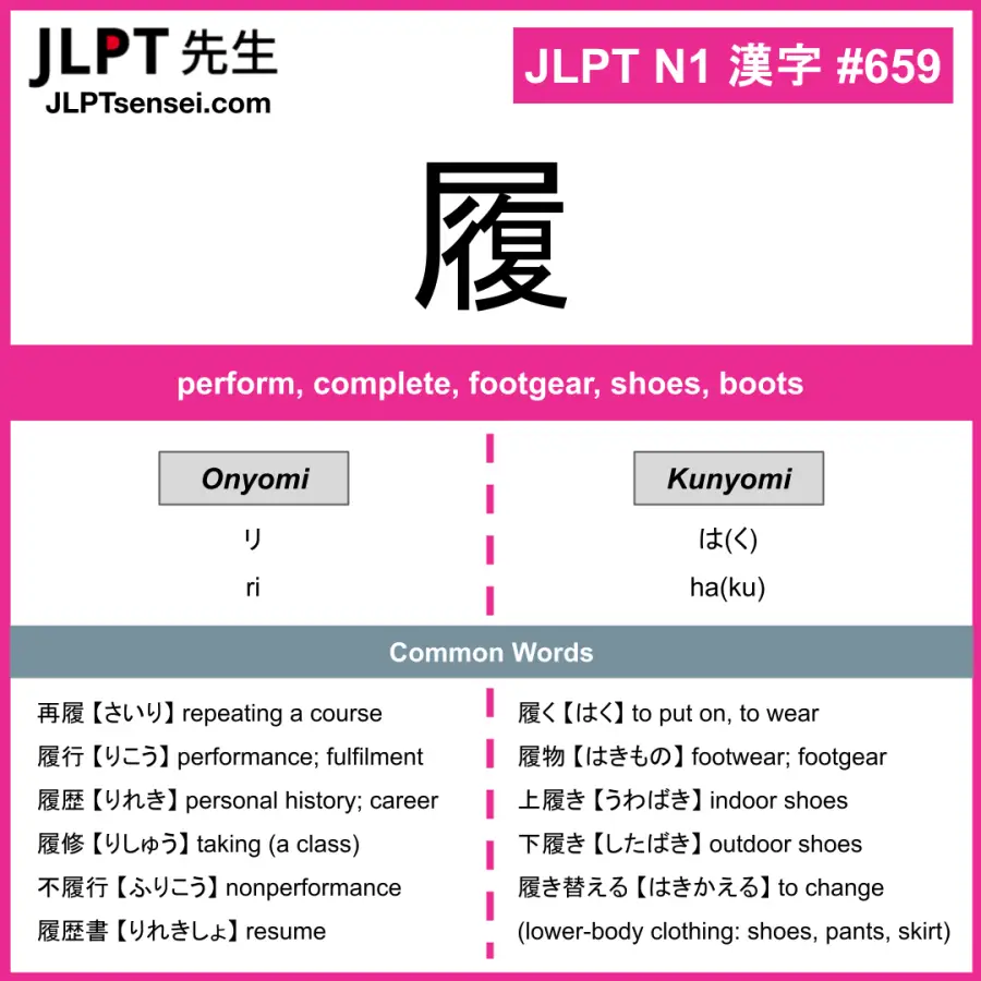 JLPT N1 Kanji: 履 (ri, ha(ku)) Meaning: perform, complete, footgear ...