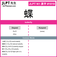 1018 蝶 kanji meaning JLPT N1 Kanji Flashcard