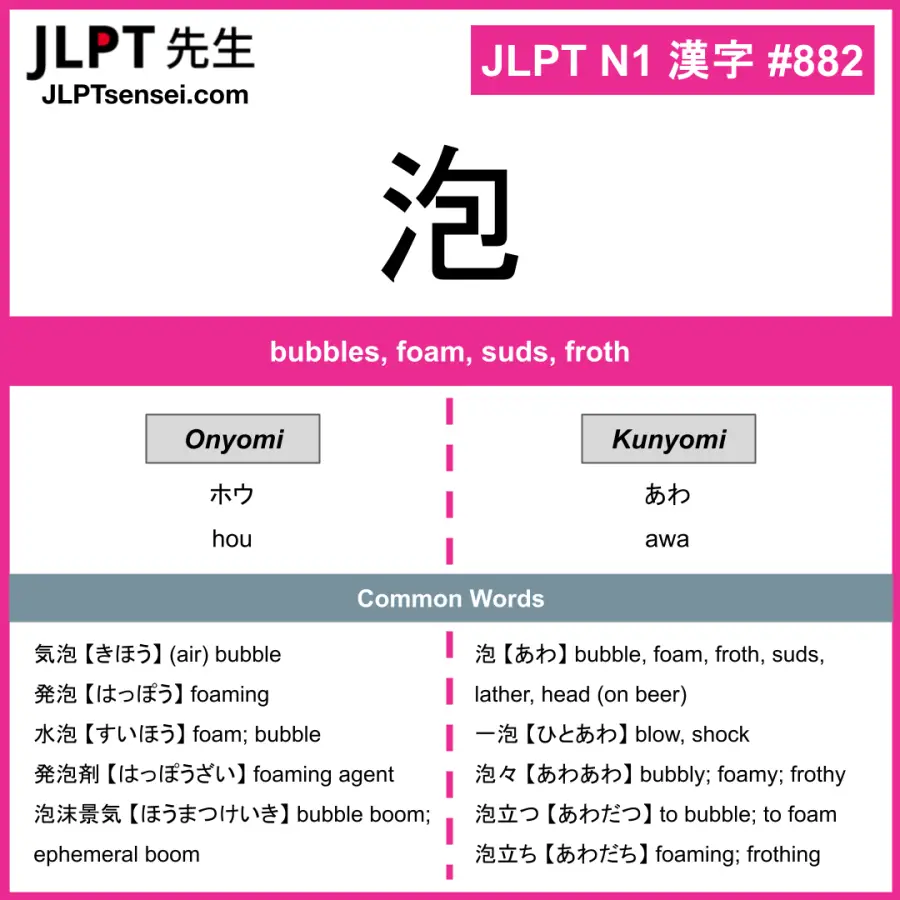 JLPT N1 Kanji: 泡 (hou, awa) Meaning: bubbles, foam, suds, froth ...