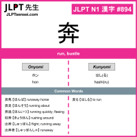 894 奔 kanji meaning JLPT N1 Kanji Flashcard